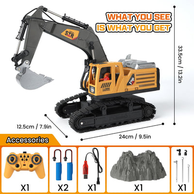 QiquBox RC Ferngesteuerter Bagger Spielzeug für ab 3 4 5 6 7 8 9 Jahren Junge - Bagger Spielzeugautos Metall Schaufel mit Spray Licht Ton, 680° Drehung Ferngesteuertes Auto für Jungen Geschenk Kinder