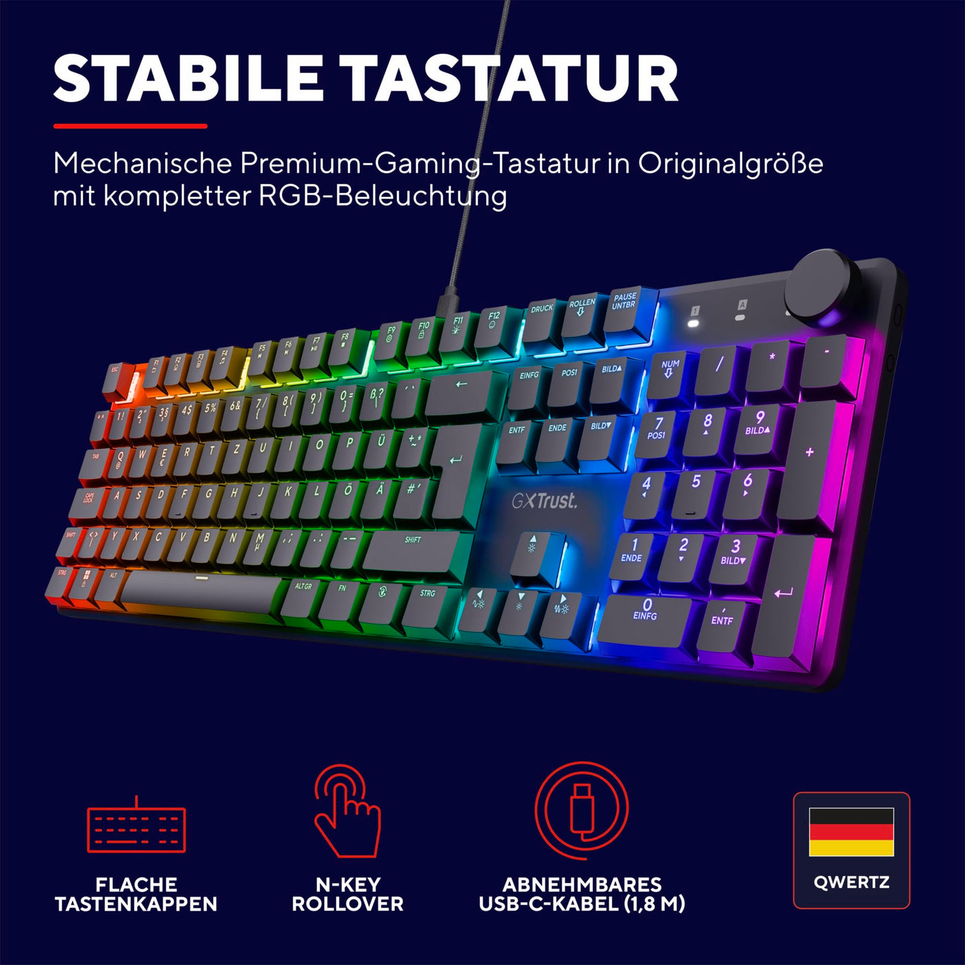 Trust Gaming GXT 866 Torix Mechanische Tastatur Deutsches QWERTZ Layout, Huano-Switches, Flache Tasten, RGB Beleuchtung, Anti-Ghosting N-Key Rollover USB Programmierbare Gaming Tastatur PC Laptop