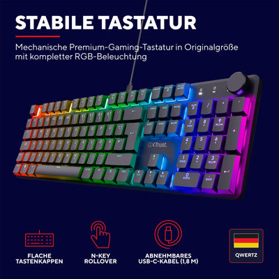 Trust Gaming GXT 866 Torix Mechanische Tastatur Deutsches QWERTZ Layout, Huano-Switches, Flache Tasten, RGB Beleuchtung, Anti-Ghosting N-Key Rollover USB Programmierbare Gaming Tastatur PC Laptop