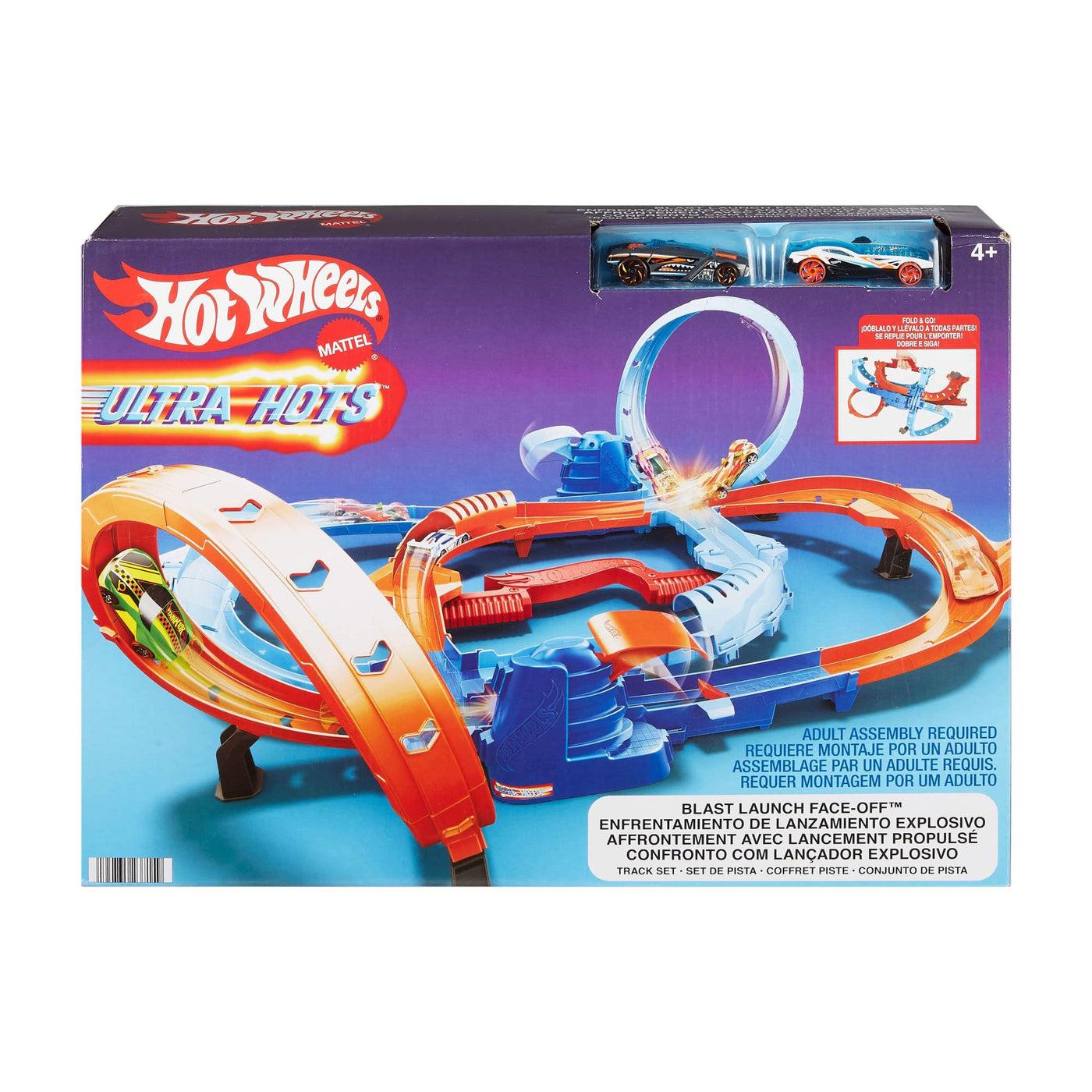 Hot Wheels Spielzeugauto Trackset, Ultra Hots Rasanter Wettkampfstart mit 2 Fahrzeugen im Maßstab 1:64, Kopf-an-Kopf-Rennen und Stunts, 2 manuell bedienbare Starter, HXR71