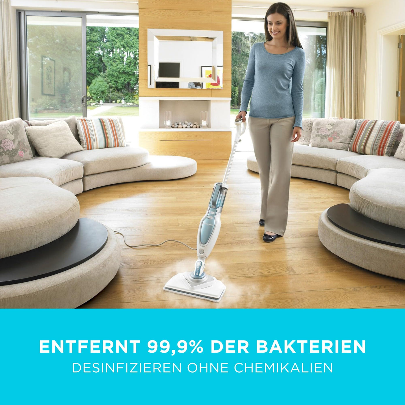 BLACK+DECKER 1600W Dampfreiniger Steam Mop Deluxe (selbststehender Dampf Mop für versiegelte Hartböden, Bodenreinigung mit waschbarem Microfaser-Pad, 180° drehbarer, herausnehmbarer Fuß) FSM1630-QS