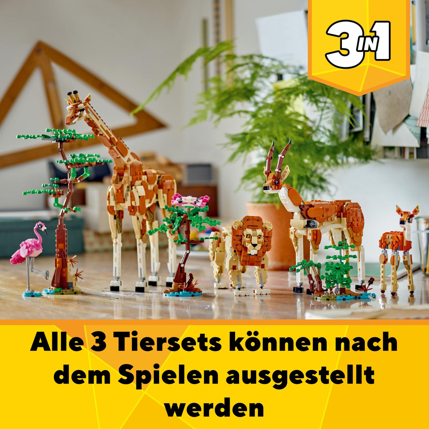 LEGO Creator 3in1 Tiersafari, Kreativ-Set mit Tierfiguren, 3 Baumöglichkeiten: Spielzeug-Giraffe, Gazellen und Löwe, Spielzeug-Tiere für Mädchen und Jungen, Natur-Geschenk für Kinder ab 9 Jahren 31150