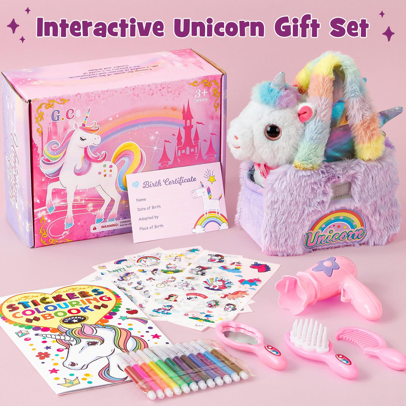G.C Einhorn Geschenke für Mädchen 3 4 5 6 7 8 Jahre mit Elektrisch Einhorn Kuscheltier Spielzeug der Läuft und Bellt, Plüsch Tasche, Pflege Zubehöre, Interaktiv Unicorn Spielzeug Mädchen Geschenk