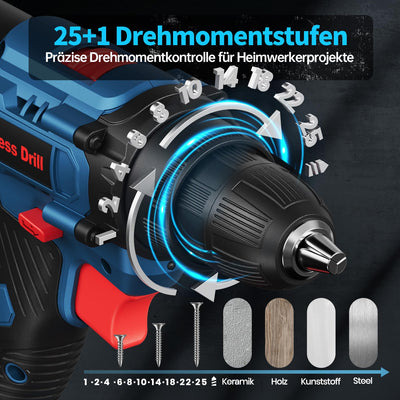 Akkuschrauber, 20V Akku Bohrschrauber Set mit 2 Akkus und 87 Zubehöre, Werkzeugkoffer, Akkubohrer 42Nm Max Drehmoment, 25+1 Drehmomentstufen, 2-Gang, 10mm Bohrfutter, Akku Bohrmaschine für Haus DIY