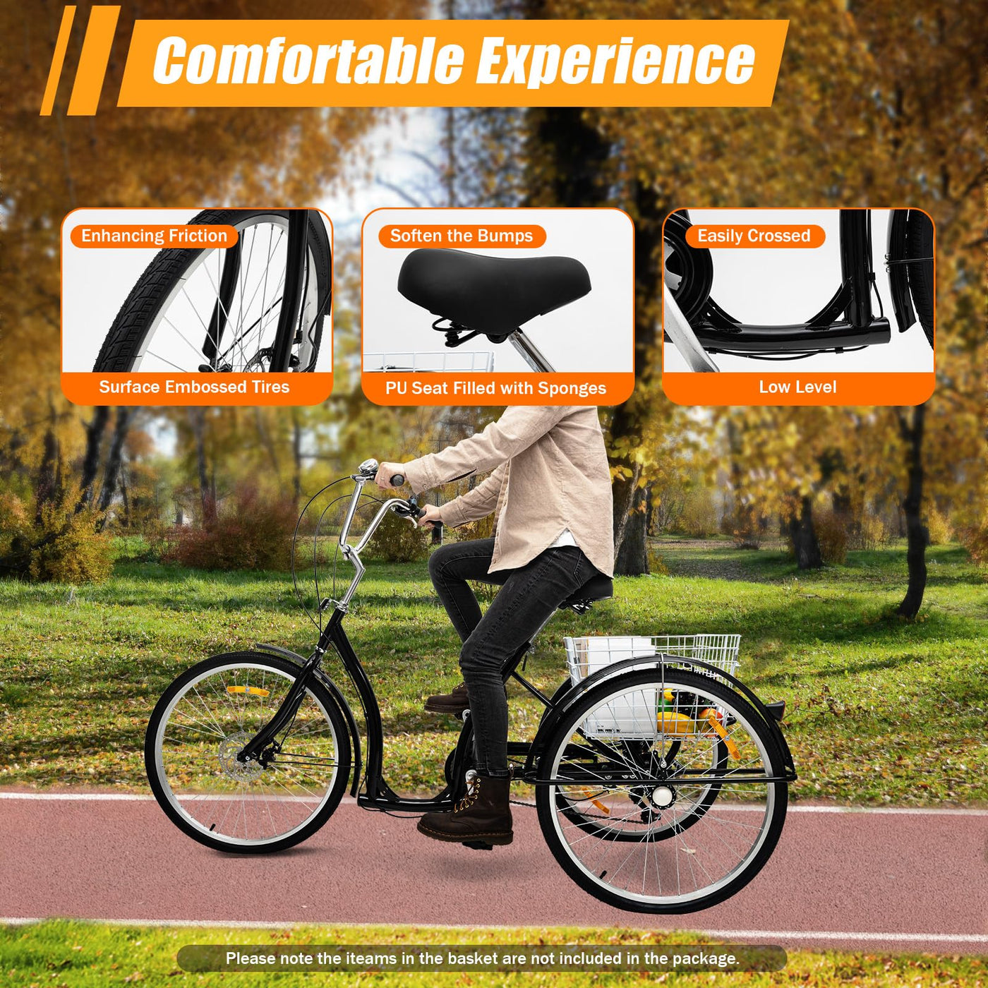 NadineDutol 26 Zoll Erwachsene 6 Geschwindigkeit faltbar Dreirad Cruiser Dreirad Cargo Dreirad verstellbaren Sitz mit Einkaufskorb für Frauen, Männer, Einkaufen, Sport, Freizeit.