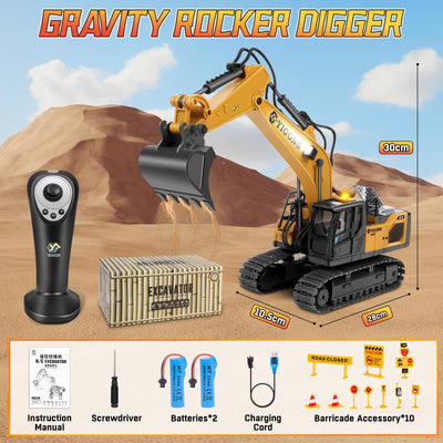 Charmofun Ferngesteuerter Bagger, 2,4GHz Bagger Spielzeug mit Schwerkraftgesteuerter Fernsteuerung, Stufenlos Rotierender RC Radlader mit Lichtern und Musik, Geschenke für Jungen Ab 5-12 Jahre