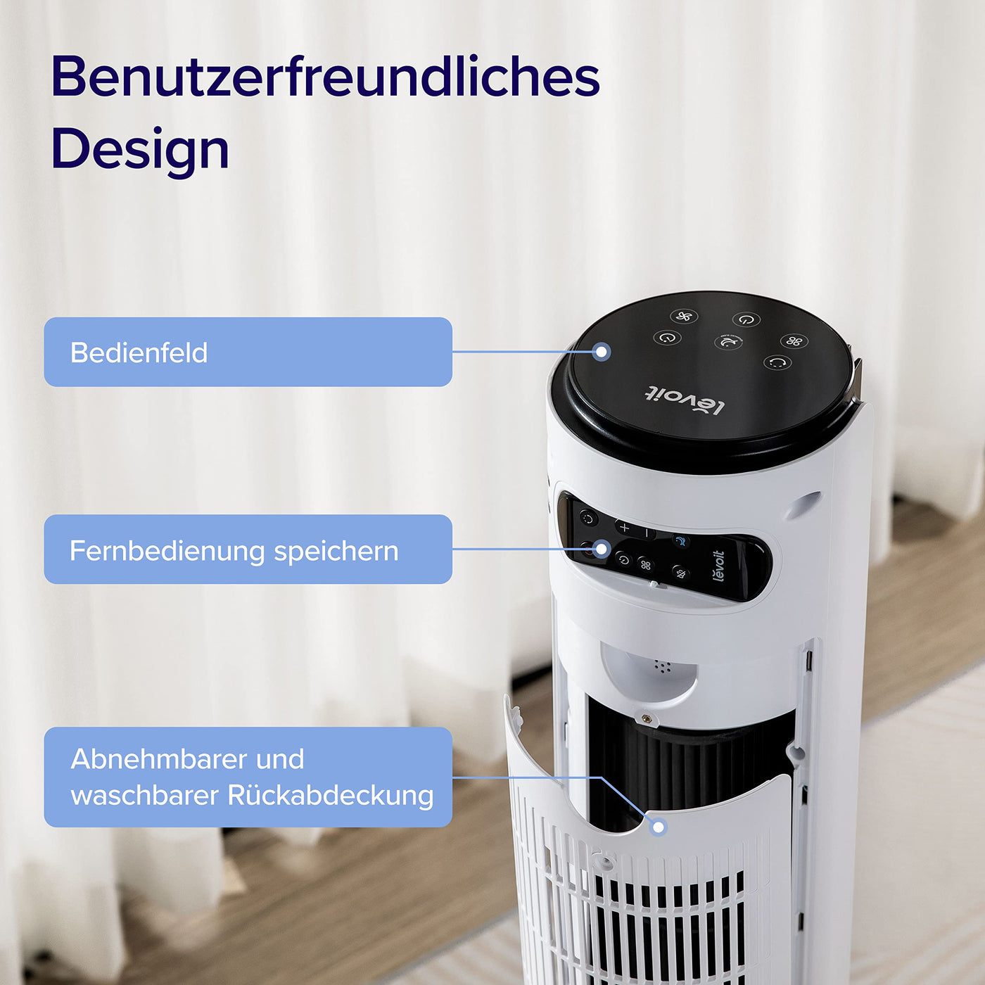 Levoit Turmventilator für Schlafzimmer, 7,5m/s starker 23W energiesparender Ventilator, 25dB sehr leiser Säulenventilator mit Fernbedienung, 12 Geschwindigkeiten 4 Modi, Weiß