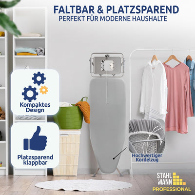 STAHLMANN ® XXL-Bügelbrett für Dampfbügelstation [130x48 Bügelfläche]– Bügeltisch [Made IN EU] – extra stabiles Bügelbrett – Bügelbrettbezug [100% Baumwolle]