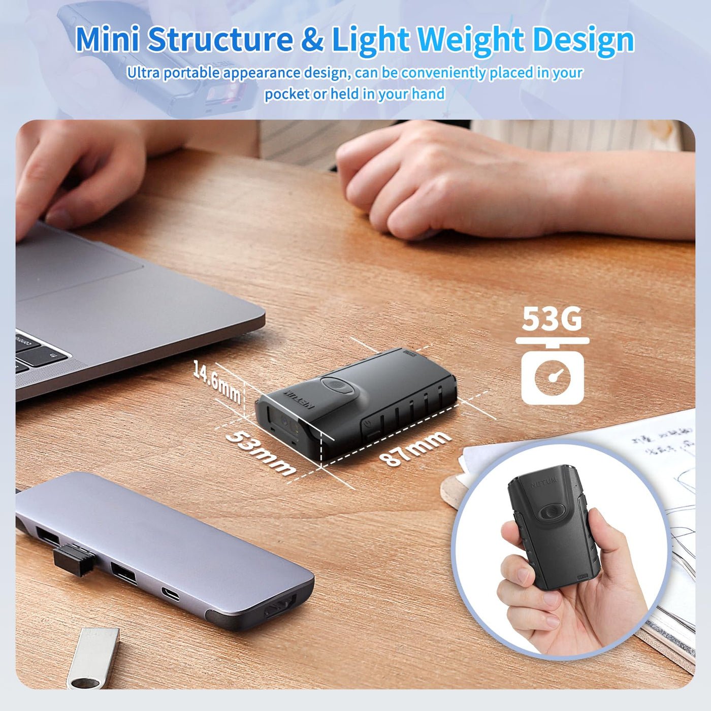 NETUM Bluetooth 2D Barcode Scanner, 3-in-1 Small Portable QR Bar Code Reader Automatic Wireless Gun Scan Back Clip Work with Tablet iOS Android Windows MacOS for Warehouse Inventory POS