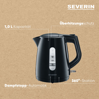 SEVERIN Wasserkocher 1,0 L, leistungsstarker und kompakter Wasserkocher in hochwertigem Design, elektrischer Wasserkocher mit Kalkfilter, schwarz, WK 3410