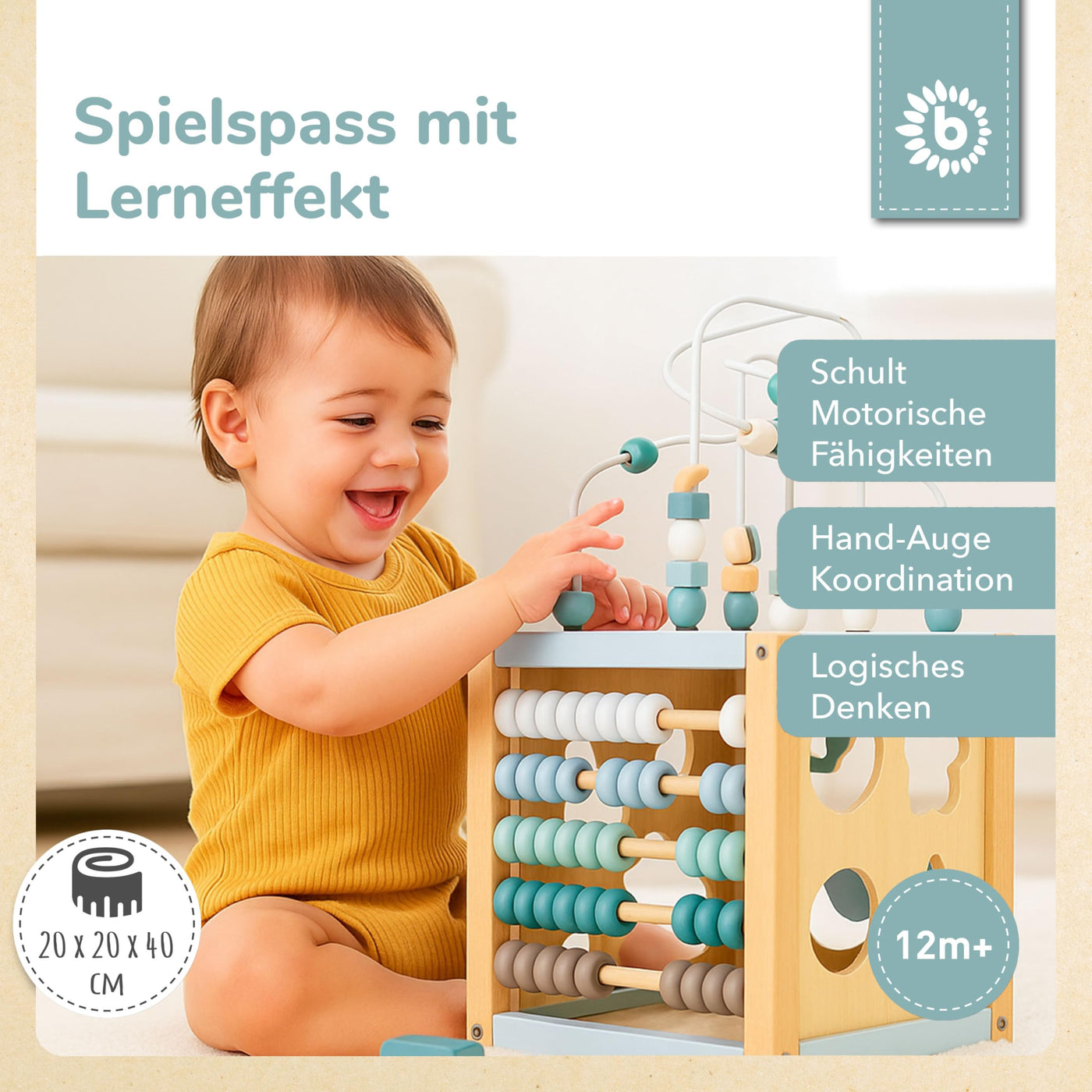 Bieco Motorikwürfel Scandi-Chic nachhaltiges Holz FSC® | Motorikspielzeug ab 1 Jahr | Activity Center Baby Spielzeug 1 Jahr | Motorikwürfel Holz | holzspielzeug ab 1 Jahr motorikschleife ab