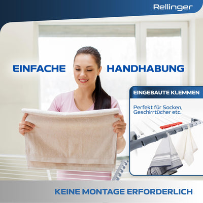 RELLINGER® Wäscheständer ausziehbar [20M TROCKENLÄNGE] - Wäscheständer hoch - Premium Wäschetrockner Ständer - Faltbarer Wäscheständer XXL - ausziehbarer Wäscheständer - Standtrockner rutschfest