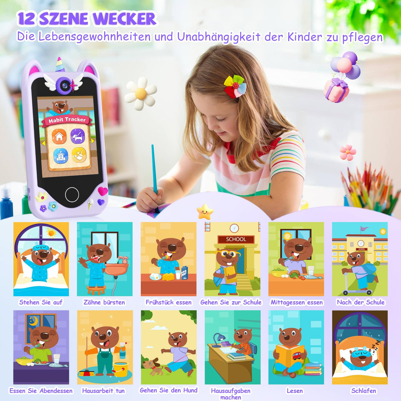 Kinder Handy Smartphone Mädchen Geschenke - Weihnachten Geburtstag Geschenke ab 3 4 5 6 Jahre Mädchen, Kinderhandy Spielzeug mit Touchscreen, Dual-Kameras, Lernen, Musik-Player (Lila)