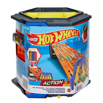Hot Wheels HGK41 - Rollout Raceway Trackset, lässt Sich zu Einer fünfspurigen Rennstrecke ausrollen, Aufbewahrungsbehälter, Spielzeug Autorennbahn für Kinder ab 4 Jahren