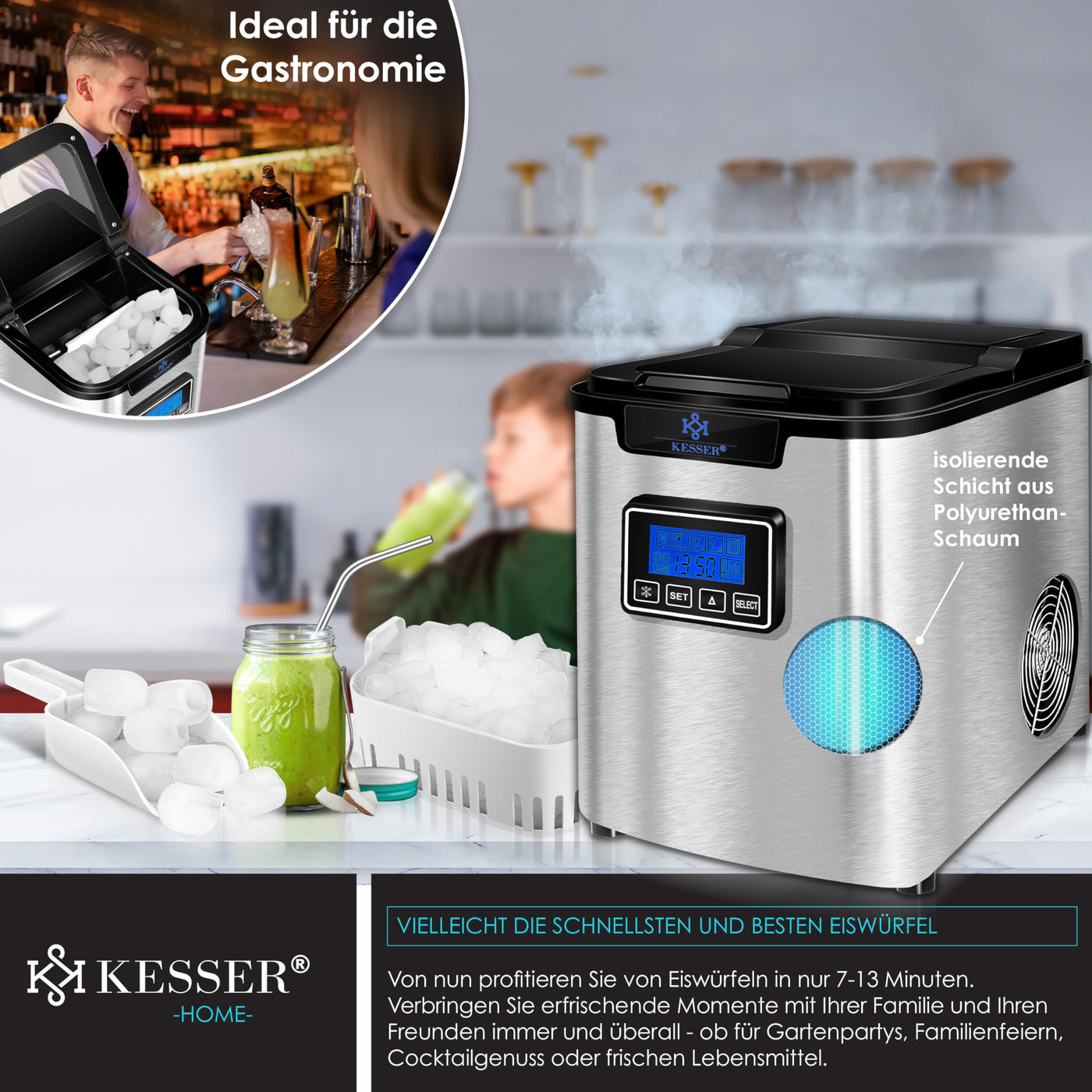 KESSER® Eiswürfelbereiter | Eiswürfelmaschine Edelstahl | 150W Ice Maker | 12 kg 24 h | 3 Würfelgrößen | Zubereitung in 7 min | 2,2 Liter Wassertank | Timer | LCD-Display | Silber
