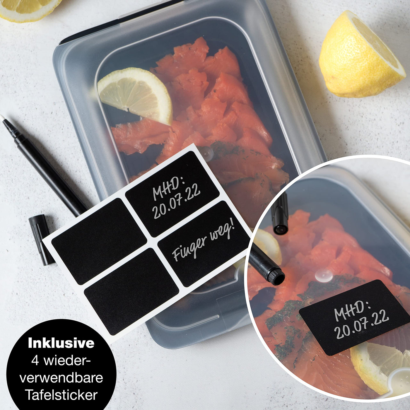 Moritz & Moritz 4er Set Aufschnittbox stapelbar – Frischhaltedosen mit Deckel zur Aufbewahrung von Wurst, Käse, uvm. – inkl. Tafelsticker zum Beschriften