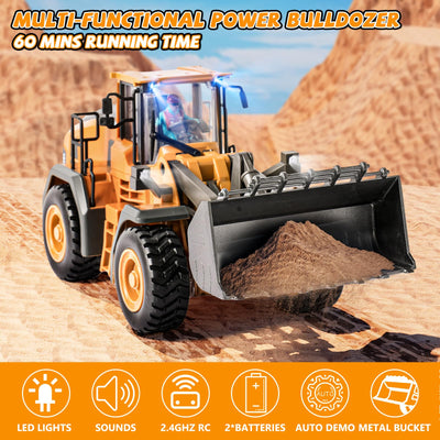 Ferngesteuerter Bagger Spielzeug Radlader Bulldozer mit Licht&Sound für Jungen 3-12 Jahre, 2,4GHz RC Bagger Bulldozer mit Metallschaufel, Baustellenfahrzeuge Kinder Geschenk für Geburtstag/Weihnachten
