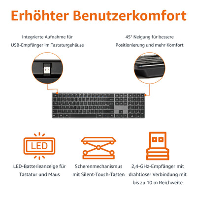 Amazon Basics Tastatur und Maus, kabellos, aufladbar, ultradünn, leiser Anschlag, mit Nummernblock, (dt. Layout nicht garantiert), schwarz