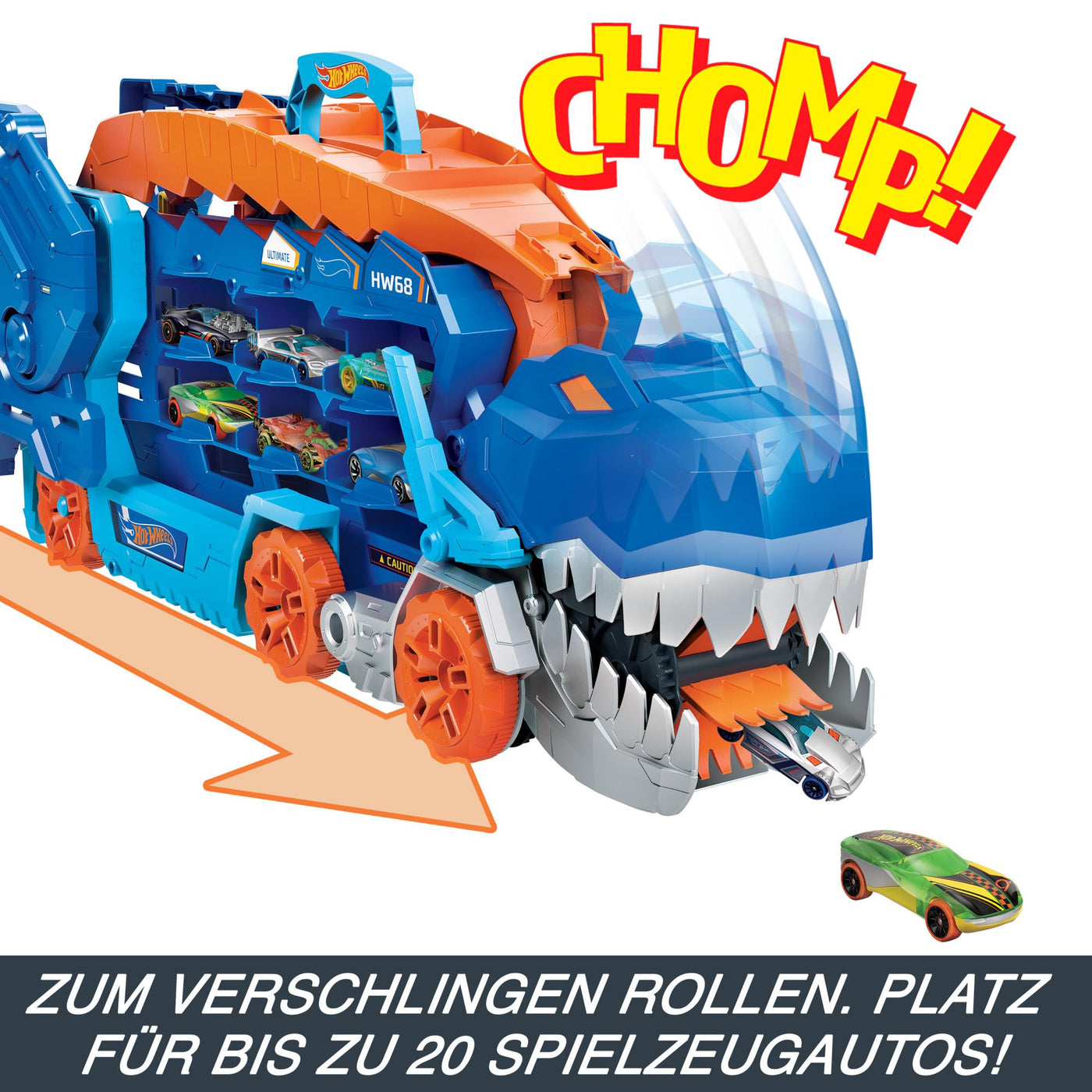 Hot Wheels Let's Race Netflix -2:1 Transporter zu T-Rex mit inkl. Autorennbahn, mit Beleuchtung und Geräuschen, inkl. 2 Spielzeugautos, Platz für 20 Autos, Hot Wheels Dino, Spielzeug ab 4 Jahre, HNG50