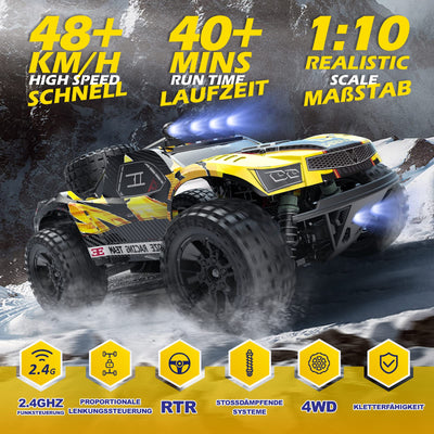 DEERC Ferngesteuerte Auto 1:10 mit Lichtern RC Auto 48km/h 4WD Offroad Hobby Grade Monster Crawler mit 2 Akkus 40 Minuten Laufzeit,2 Autoschalen, für Erwachsene, Kinder (9201E)