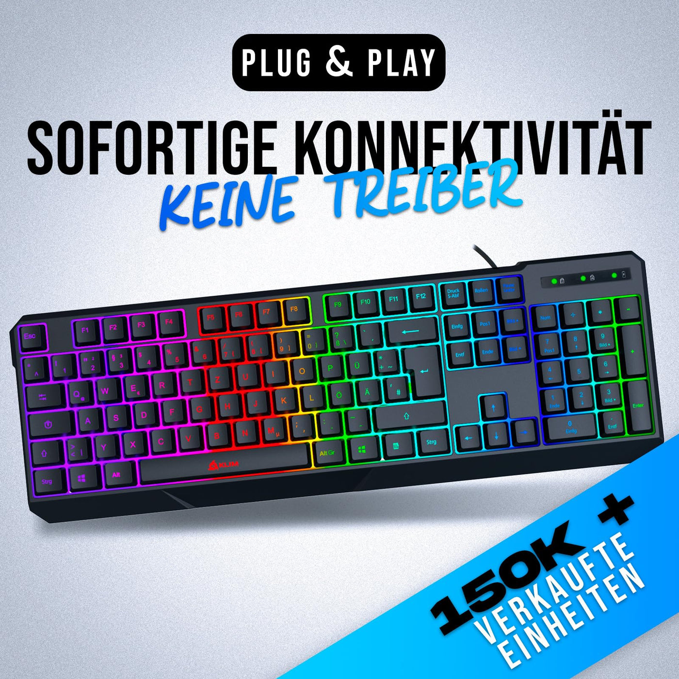 KLIM Chroma Gaming Tastatur QWERTZ DEUTSCH mit Kabel USB - NEU - Langlebig, Ergonomisch, Wasserdicht, Leise Tasten - RGB Gamer Tastatur für PC Mac Xbox One X PS4 Tastatur - Schwarz