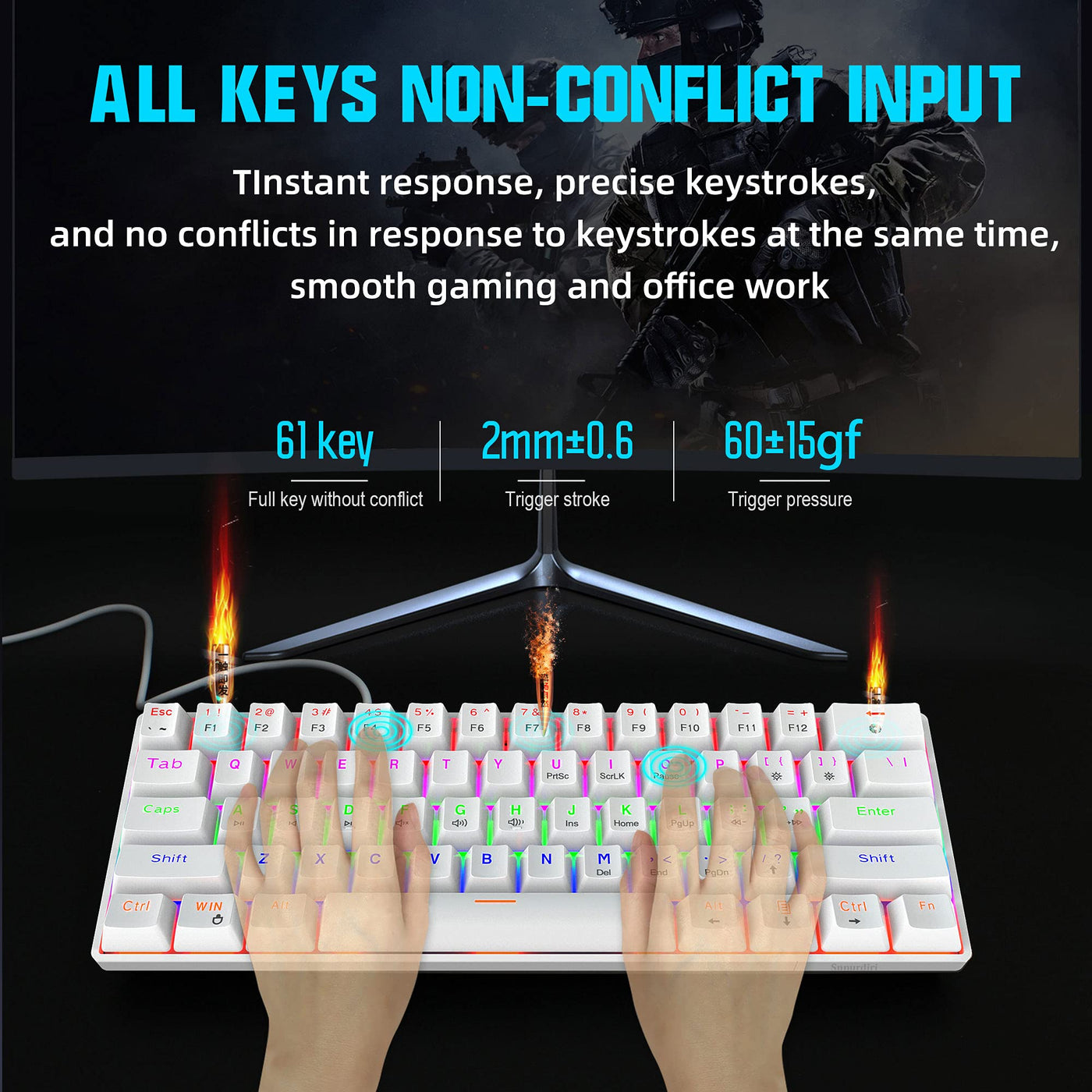 Snpurdiri 60% kabelgebundene Mechanische Gaming Tastatur, Anti-Ghosting 61 Tasten, RGB-Hintergrundbeleuchtung, Ultrakompakter Blauer Schalter, Doppelfuß, Weiß