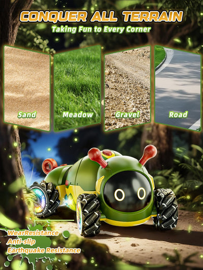 Kssvzz Ferngesteuertes Auto Raupe mit Musik, 2,4 GHz RC Stunt Car mit Spray & Cool Beleuchtung, 4WD 360°Rotation Krabbelndes Insekt Monster Truck, Spielzeug Geschenk für 3 4 5 6 7 8 9+Junge Mädchen