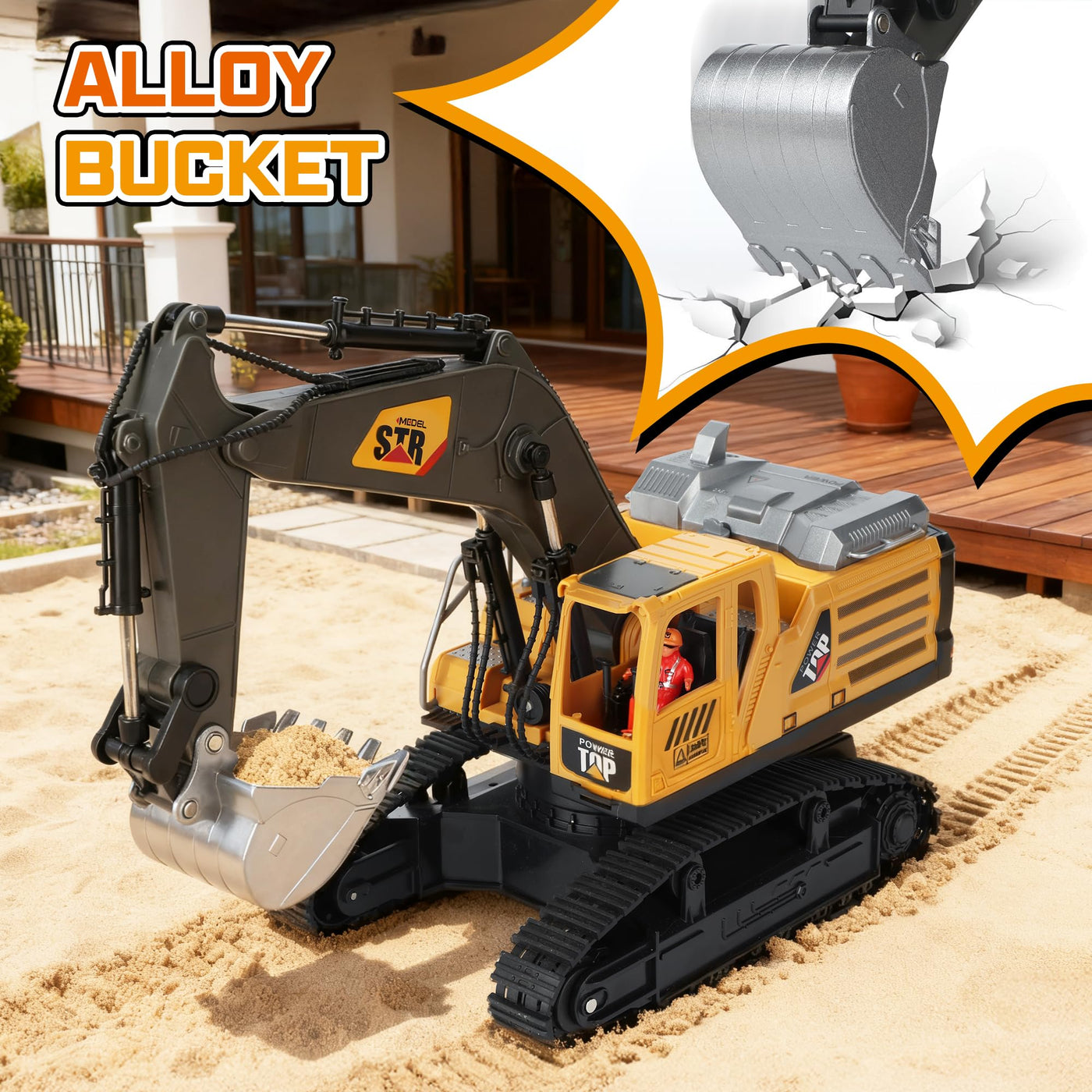 QiquBox RC Ferngesteuerter Bagger Spielzeug für ab 3 4 5 6 7 8 9 Jahren Junge - Bagger Spielzeugautos Metall Schaufel mit Spray Licht Ton, 680° Drehung Ferngesteuertes Auto für Jungen Geschenk Kinder