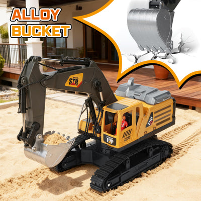 QiquBox RC Ferngesteuerter Bagger Spielzeug für ab 3 4 5 6 7 8 9 Jahren Junge - Bagger Spielzeugautos Metall Schaufel mit Spray Licht Ton, 680° Drehung Ferngesteuertes Auto für Jungen Geschenk Kinder