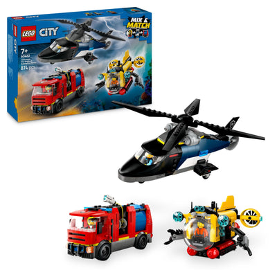 LEGO City Kombinationsset mit Hubschrauber, Löschauto und U-Boot und 3 Minifiguren - Baubare Spielzeug Fahrzeuge für Jungen und Mädchen ab 7 Jahren - Geschenk zum Geburtstag & für die Feiertage 60462