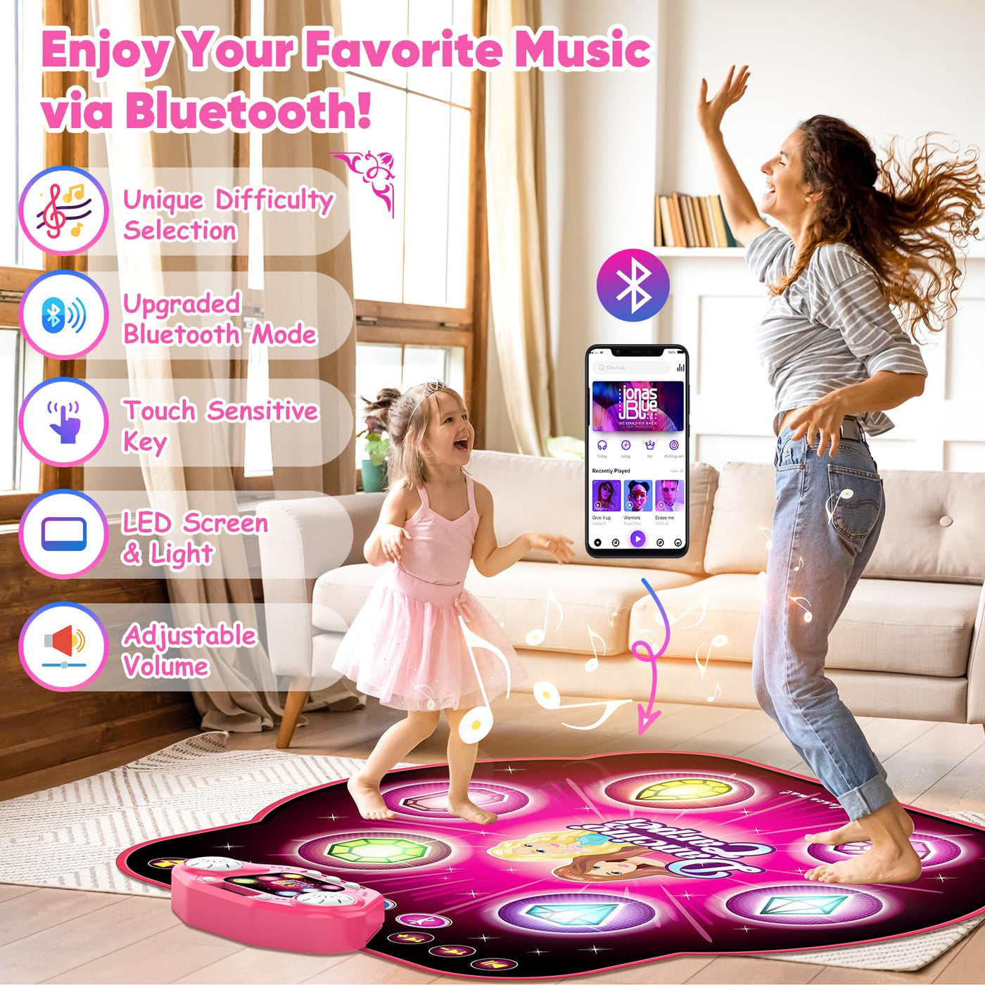 Tanzmatte für Kinder, verbessertes umschaltbares elektronisches Tanzpad mit 4 und 6 Tasten und Bluetooth, 9 Stufen, leuchtende Musikspielmatte für Kinder, Spielzeug für Mädchen Jungen Alter von 3–12