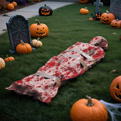 2025 Neue Halloween Deko Leichensack,185 * 86 cm Blutbeflecktes Tuch GefäLschte Leiche Requisiten Horror Deko Gruselig für Grusel Garten Party Spukhaus Rasen Outdoor Halloween-Dekoration Innen