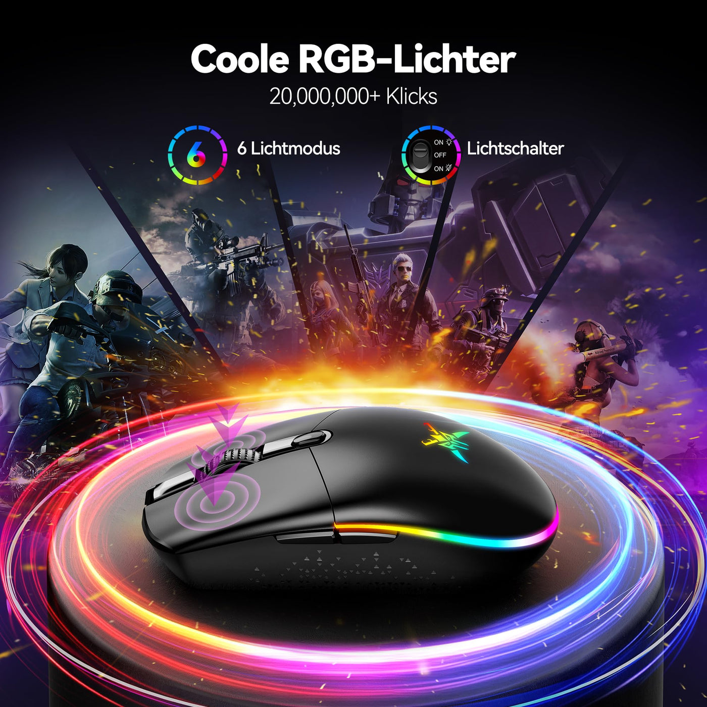 TECKNET Kabellose Gaming-Maus, 8000 DPI Wiederaufladbare Gaming Maus, Dual-Modus 2,4 G und Kabelgebundene Maus, 6 RGB-Modi, PC Gaming Mouse mit Programmierbaren Tasten, für Windows XP/11/10/8/7, etc