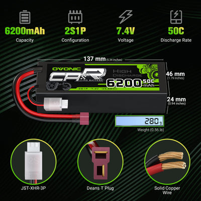OVONIC 2s Lipo Akku 7,4V 6200mAh 50C mit T Stecker Hardcase Lipo Batterie Zellen für RC Auto Evader Truck Truggy BX Quadcopter Hubschrauber LKW Boot Flugzeug (2 Stück)