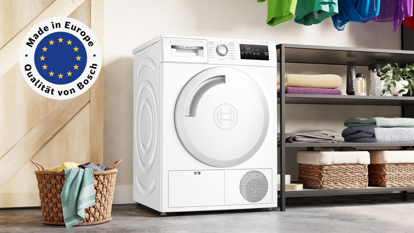 Bosch WTH83V03, Wärmepumpentrockner 7 kg, Serie 4, optimaler Trocknungsgrad dank AutoDry, Nachlegefunktion, TouchControl-Tasten, Umweltfreundliches Kältemittel, EasyClean Filter, Weiß