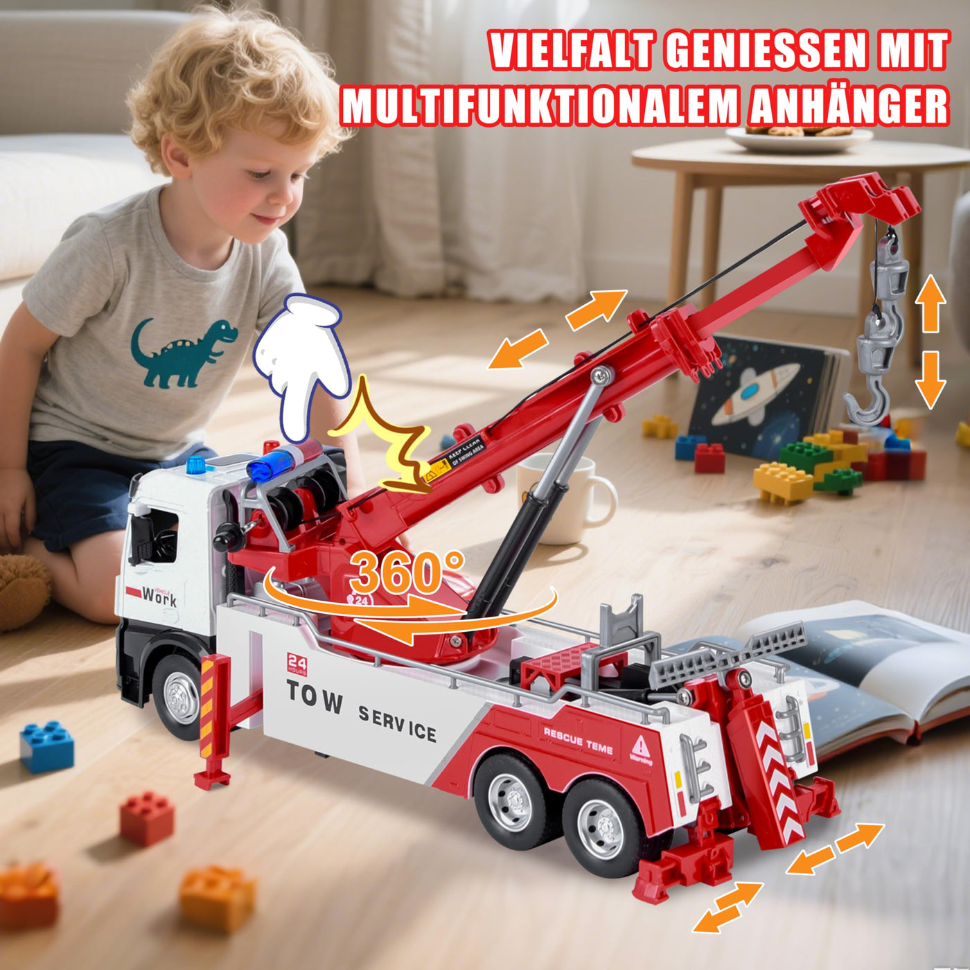 Charmofun Abschleppwagen Spielzeug Kinder, Transporter Lastwagen mit Beweglichem Kran, Recovery Abschlepper Spielzeug mit Licht und Sounds, Geschenk Vielseitiger Abschleppauto für Kinder ab 3 Jahren