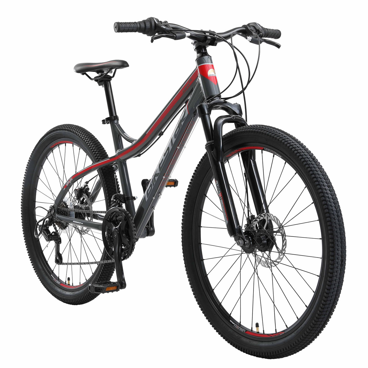 BIKESTAR Hardtail Aluminium Mountainbike Shimano 21 Gang Schaltung, Scheibenbremse 26 Zoll Reifen | 16 Zoll Rahmen Alu MTB | Grau & Rot