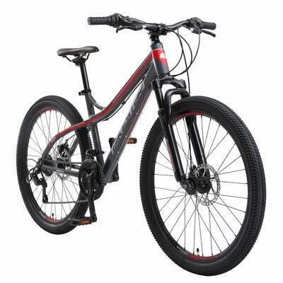 BIKESTAR Hardtail Aluminium Mountainbike Shimano 21 Gang Schaltung, Scheibenbremse 26 Zoll Reifen | 16 Zoll Rahmen Alu MTB | Grau & Rot