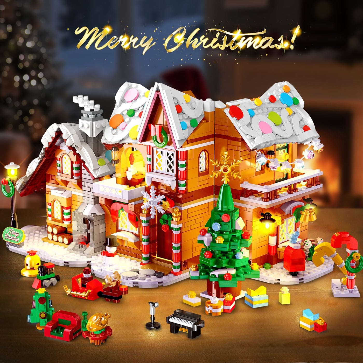 2025 Weihnachts Lebkuchenhaus Bausatz mit Licht – 3 Stilmodi Weihnachtsdorf Bausteine mit Weihnachtsmann Weihnachtsbaum Zug –Weihnachts Klemmbausteine für Erwachsene Kinder Jahren 6+（1477Stück）