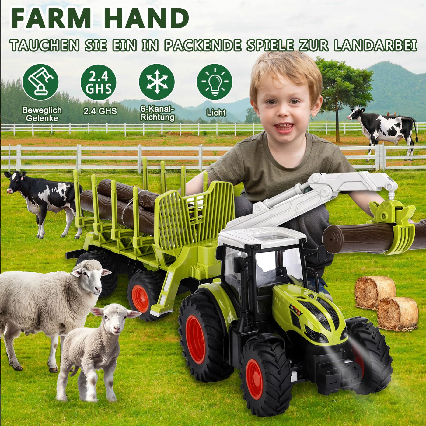 IEEILULU Ferngesteuerter Traktor Ferngesteuert, RC Traktor Spielzeug, 2.4 Ghz, 1:24, Traktor mit Anhänger, Holzgreifer, Frontlader und 4 Baumstämmen, Holztransporter Spielzeug ab 3 4 5 6 Jahre