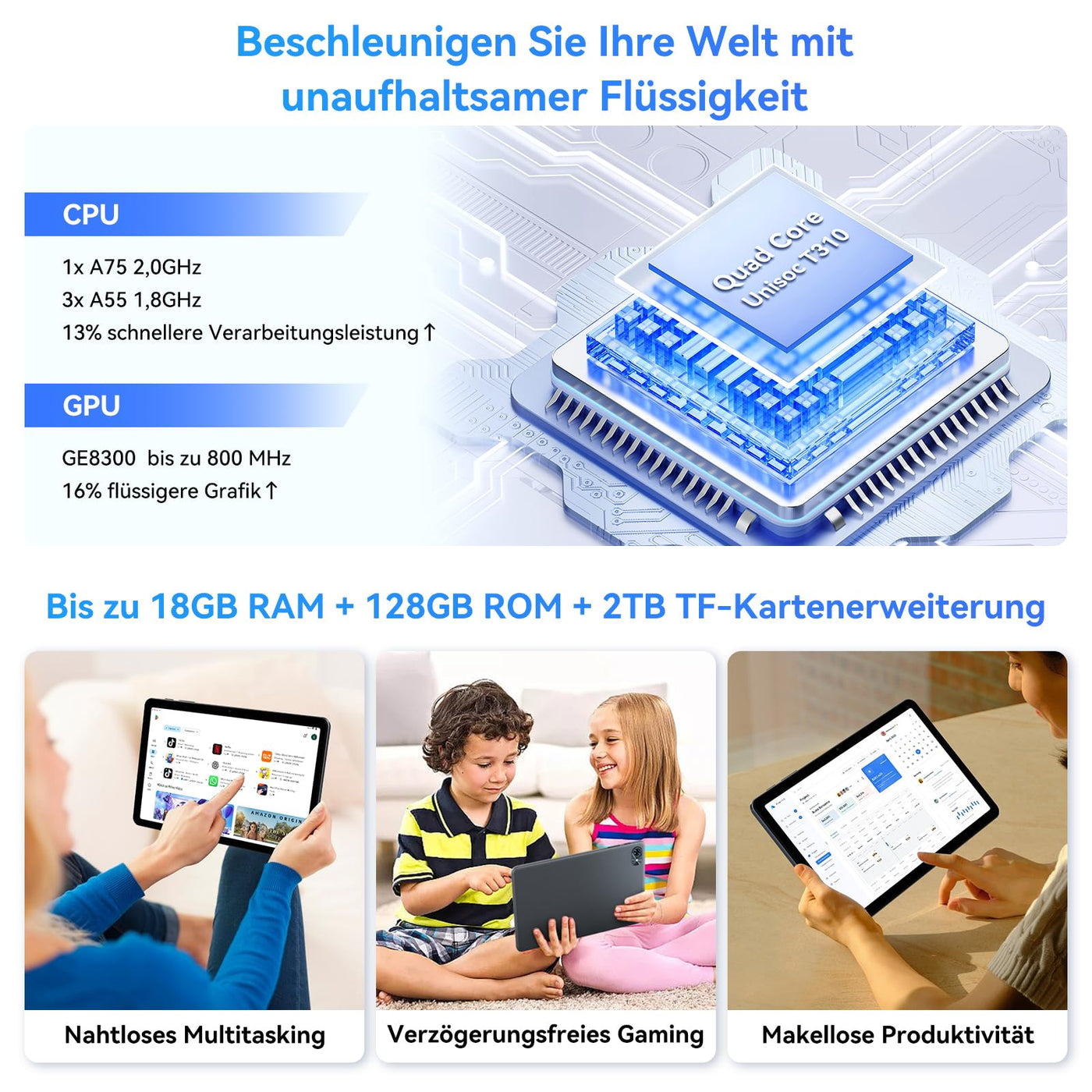 TABWEE T80 Android 15 Tablet mit Tastatur - 18GB RAM+128GB ROM (2TB TF), Tablet 10 Zoll, 6000mAh, 5MP+2MP, Gemini AI, 5G WiFi, GPS, Face ID (2 Jahre Garantie)