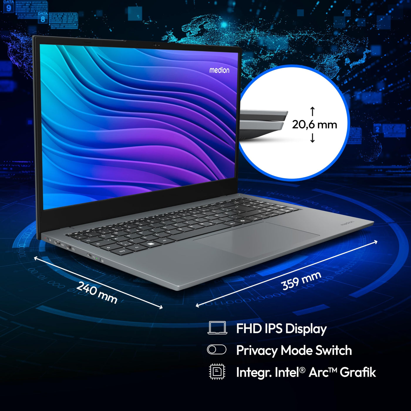 MEDION E15443 39,6 cm (15,6 Zoll Full HD) AI Laptop (Intel Core Ultra 5 125H, unterstützt KI, 16GB DDR5 RAM, 512GB SSD, Intel Arc, Win 11 Home)