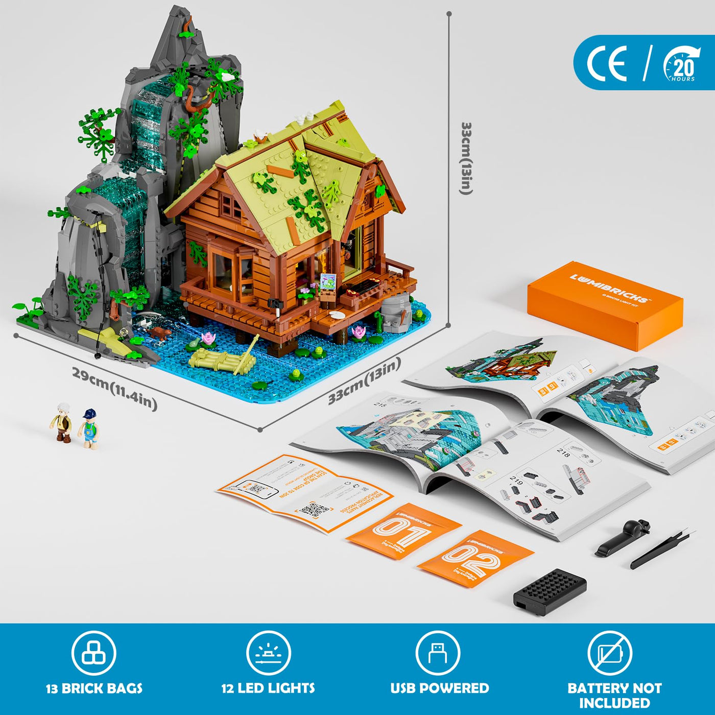 Lumibricks Waterfall Cabin Bauset mit Licht – 2539 Teile Retro Holzhaus mit beweglichem Wasserfall & Naturkulisse, Sammlerstück für Erwachsene