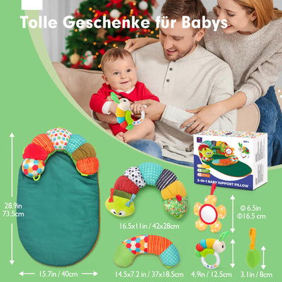 hahaland Baby Spielzeug 3 6 9 12 Monate,3 in 1 Abnehmbar Raupe für Baby Bauchlage Helfen Sitzen Stützen,Tummy Time Toys Spielkissen mit Rassel, Beißring, Spiegel für Babyspielzeug ab 0-6-12 Monate