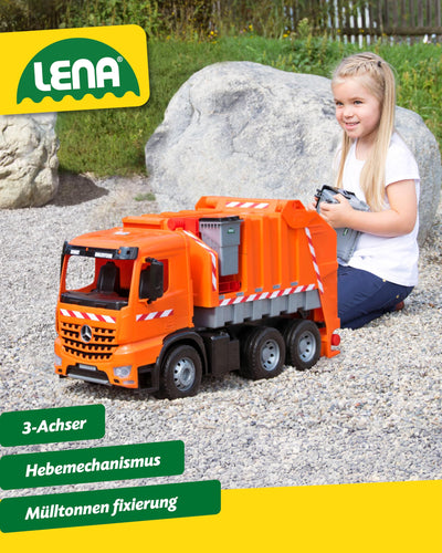 Lena 02168 - Starke Riesen Müllwagen Mercedes Benz Arocs, orange, ca. 74 cm, Müllfahrzeug mit 3 Achsen, großes Spielfahrzeug für Kinder ab 3 Jahre