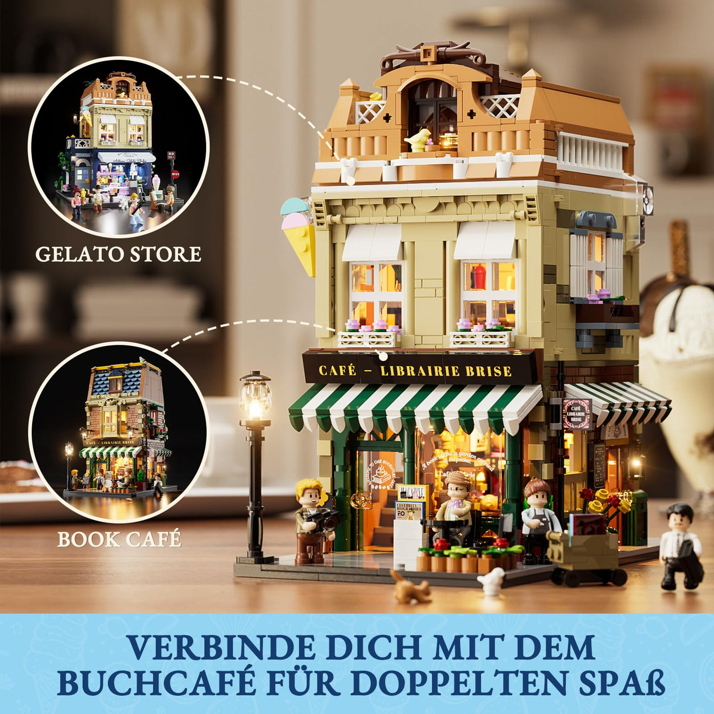 FUNWHOLE Stadtleben Eisdiele Klemmbausteine Haus,Modular Building mit Beleuchtung,F9078,Gelato Store