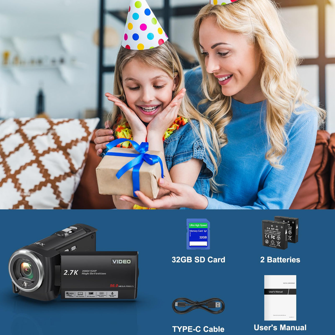 Delmodes Videokamera 2.7K 56MP Camcorder 16X Digitalzoom Vlogging Camera mit LED-Fülllicht für YouTube, 2.8" LCD Bildschirm Camcorder mit 32 GB SD-Karte, 2 Batterien