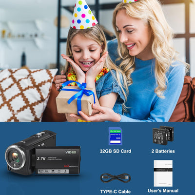 Delmodes Videokamera 2.7K 56MP Camcorder 16X Digitalzoom Vlogging Camera mit LED-Fülllicht für YouTube, 2.8" LCD Bildschirm Camcorder mit 32 GB SD-Karte, 2 Batterien