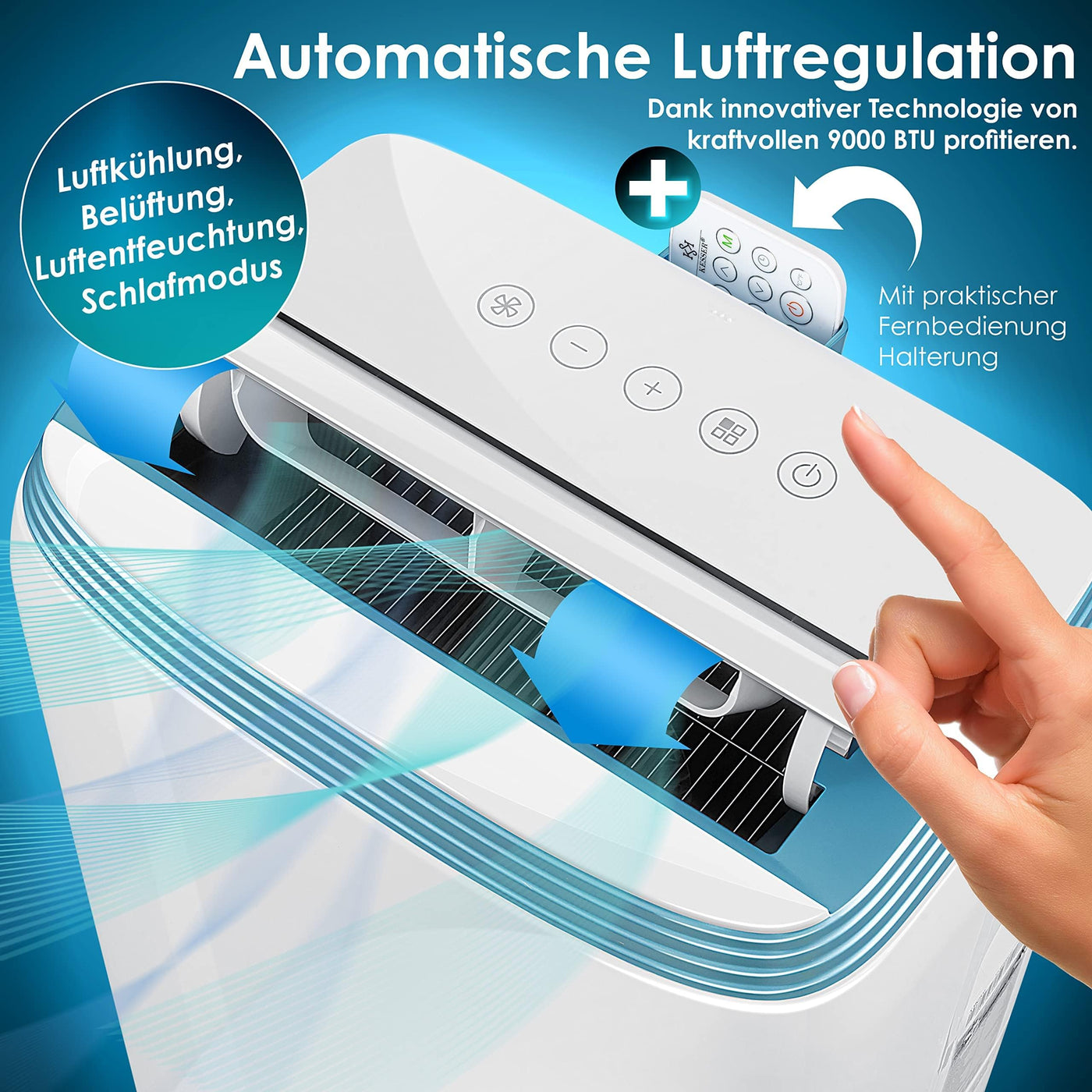 KESSER® Klimaanlage Mobil Klimagerät 4in1 kühlen, Luftentfeuchter, lüften, Ventilator - 9000 BTU/h (2.600 Watt) 2,7KW - Klima, Fernbedienung und Timer, Nachtmodul, Weiß