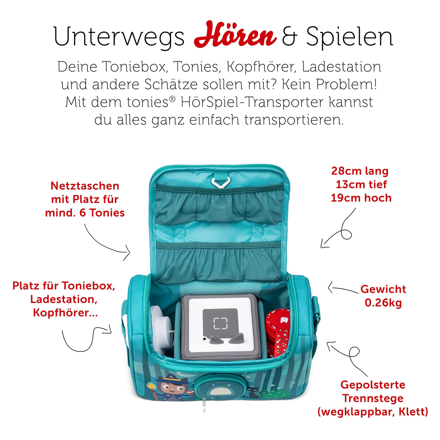 tonies HörSpiel-Transporter Unter dem Zaubermond, Transporttasche für Mind. 6 Hörfiguren und Toniebox, mit Lautsprecheröffnung, 28 x 13 x 19 cm